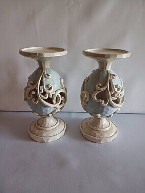 Set of Two Valerie Parr Hill Carved Scroll Egg Candle Pedestals